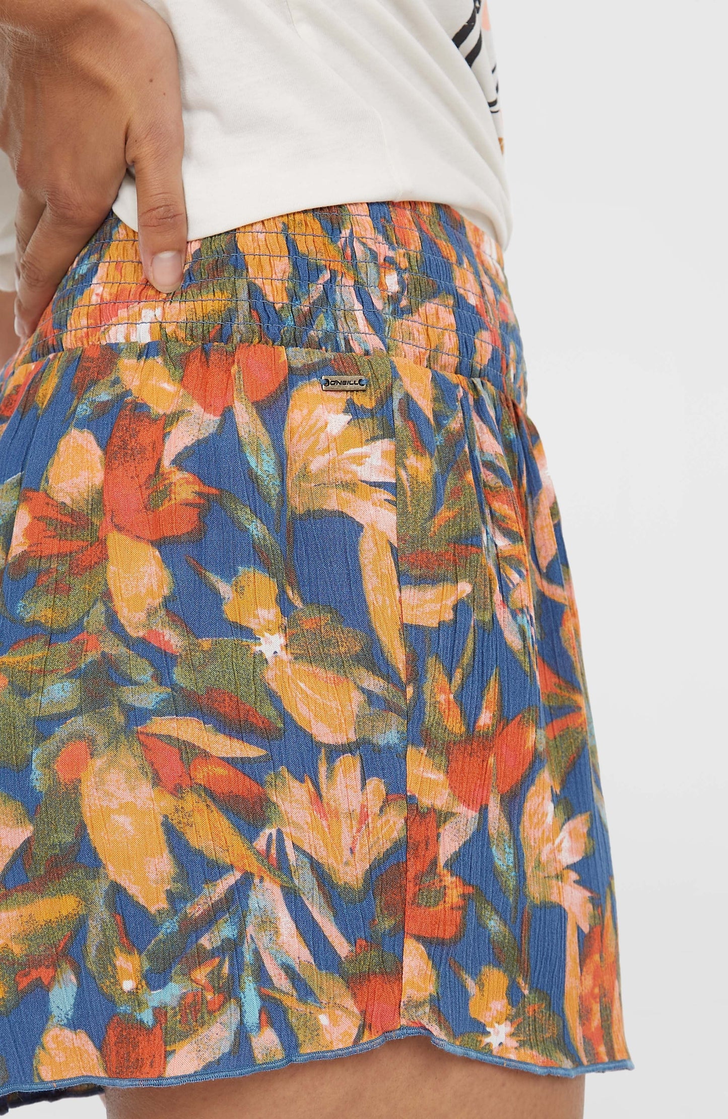Johnny Smocked Waist Shorts Women Blue Painted Tropics