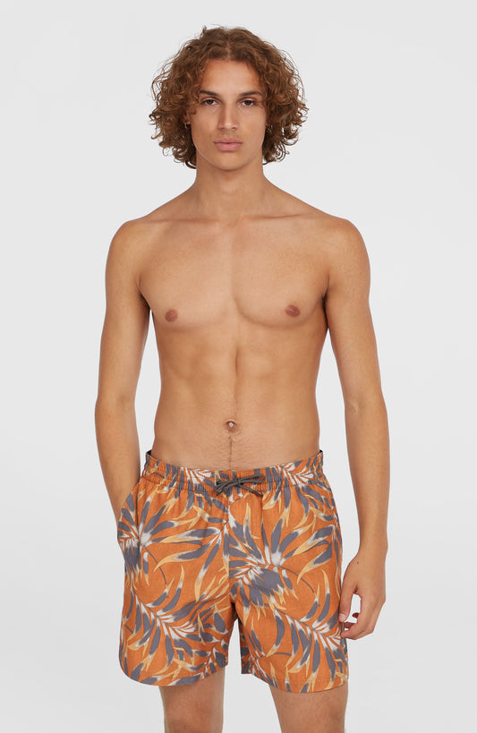 Cali Floral 16'' Swim Shorts Men Orange Dipped Leaves